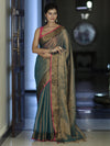 Banarasee Dual Shaded Linen Tissue Saree With Zari Border-Leaf Green