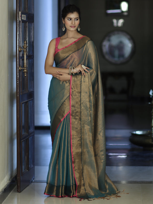 Banarasee Dual Shaded Linen Tissue Saree With Zari Border-Leaf Green