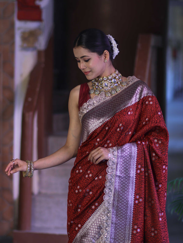 Banarasee Handloom Mashru Silk Saree With Tanchoi Work & Lace Border-Deep Maroon