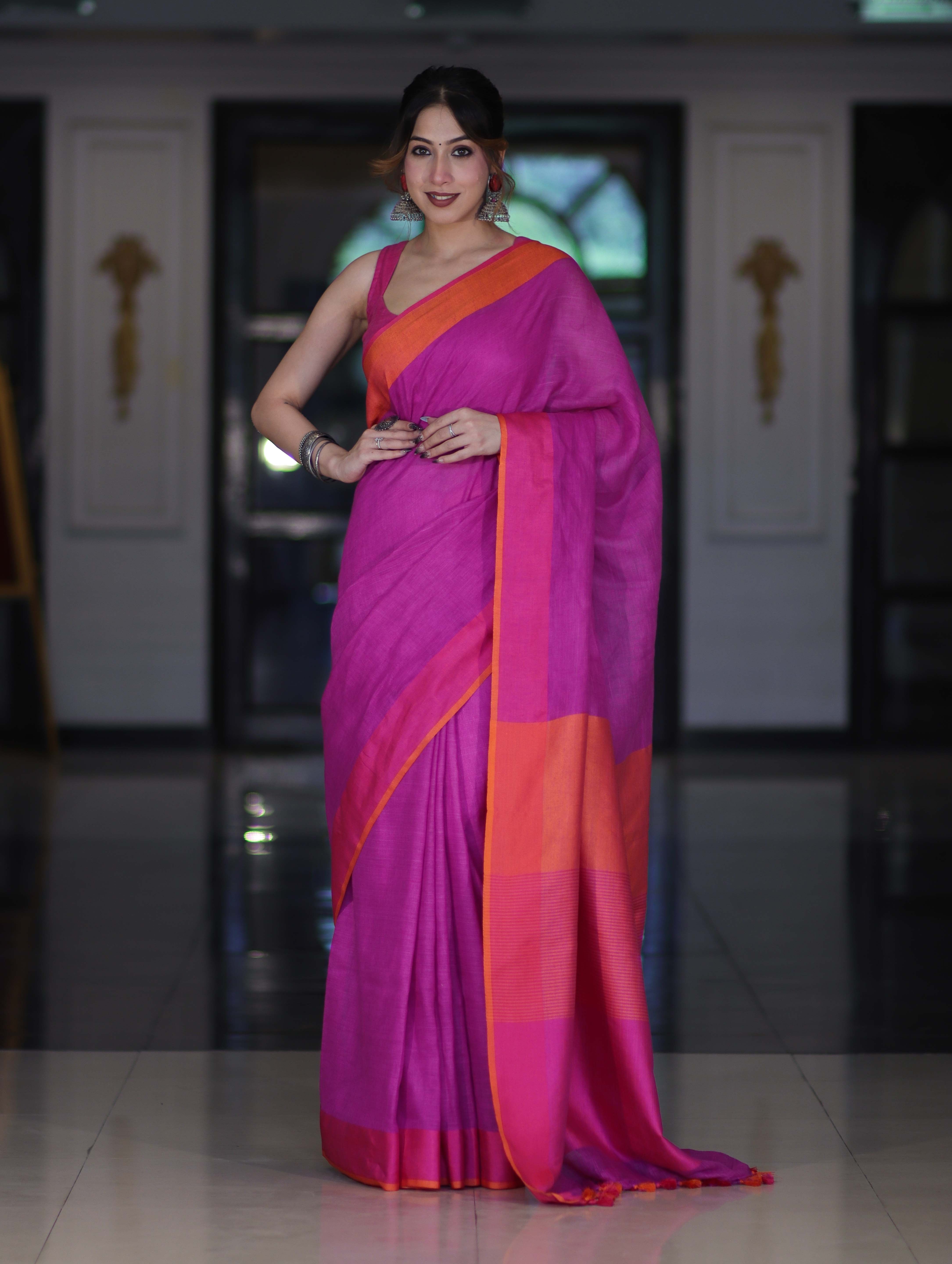 Bhagalpur Handloom Pure Linen Saree With Dual Tone Contrast Pallu-Magenta