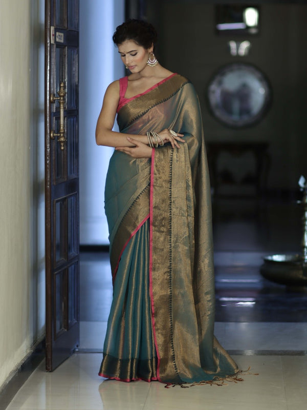 Banarasee Dual Shaded Linen Tissue Saree With Zari Border-Leaf Green