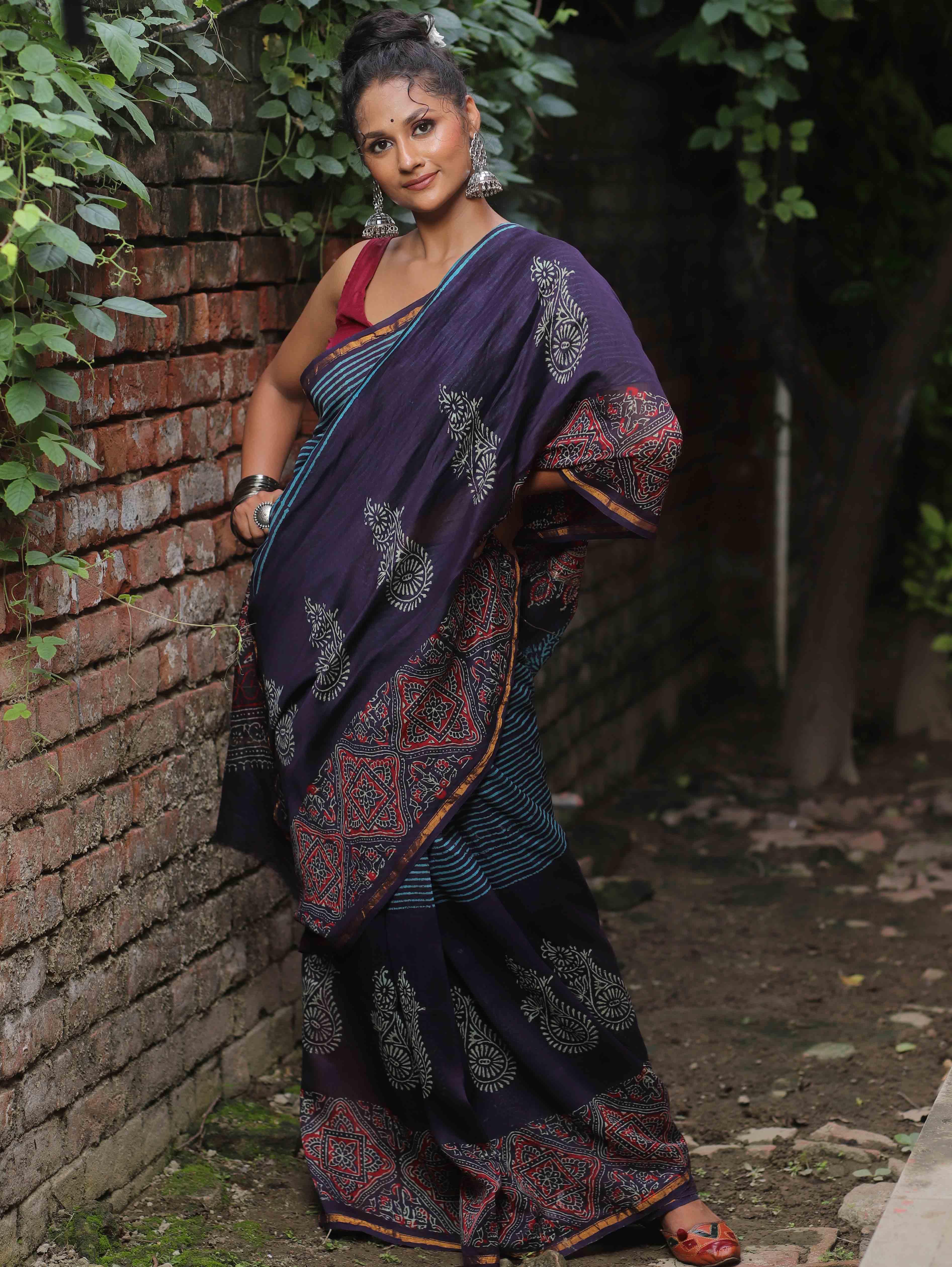 Banarasee Handloom Chanderi Bagru Block Printed Saree-Blue