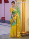 Banarasee Organza Saree With Gold Zari Jaal Design & Dual Color-Green & Yellow