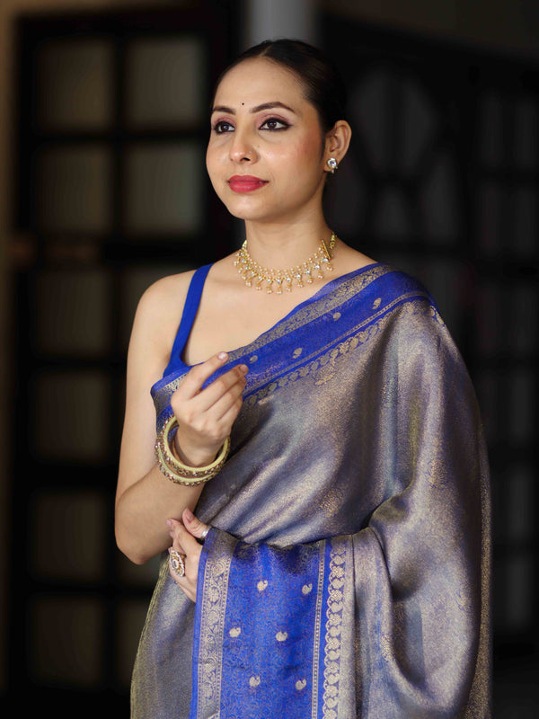 Banarasee Handloom Dual Tone Tissue Silk Saree With Zari & Resham Weaving-Blue (Gold Tone)
