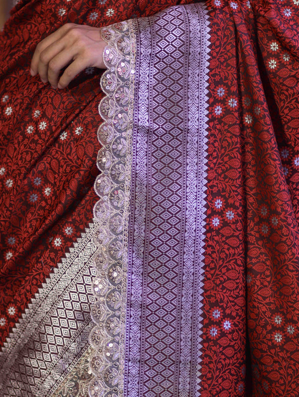Banarasee Handloom Mashru Silk Saree With Tanchoi Work & Lace Border-Deep Maroon