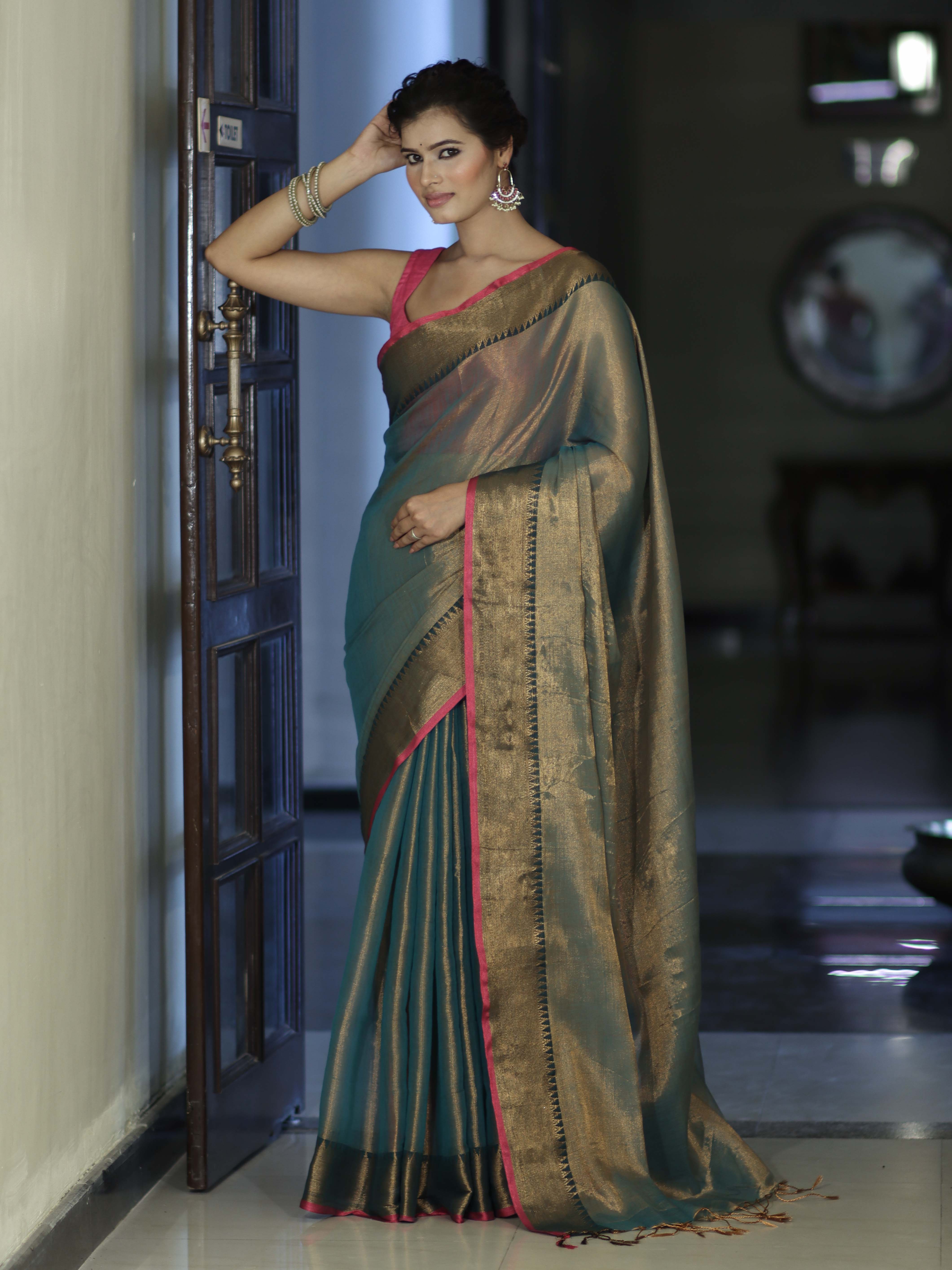 Banarasee Dual Shaded Linen Tissue Saree With Zari Border-Leaf Green