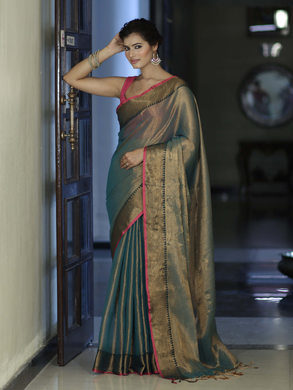 Banarasee Dual Shaded Linen Tissue Saree With Zari Border-Leaf Green