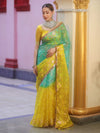 Banarasee Organza Saree With Gold Zari Jaal Design & Dual Color-Green & Yellow