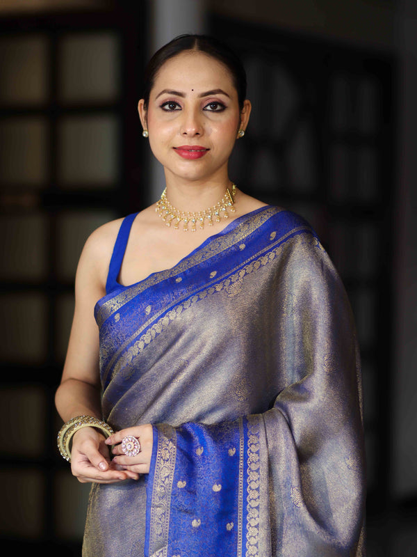 Banarasee Handloom Dual Tone Tissue Silk Saree With Zari & Resham Weaving-Blue (Gold Tone)