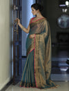Banarasee Dual Shaded Linen Tissue Saree With Zari Border-Leaf Green
