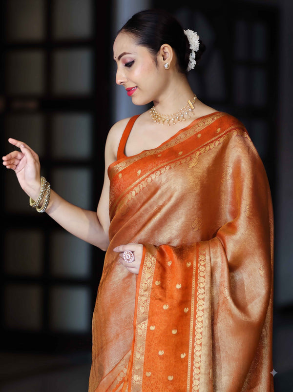 Banarasee Handloom Dual Tone Tissue Silk Saree With Zari & Resham Weaving-Orange