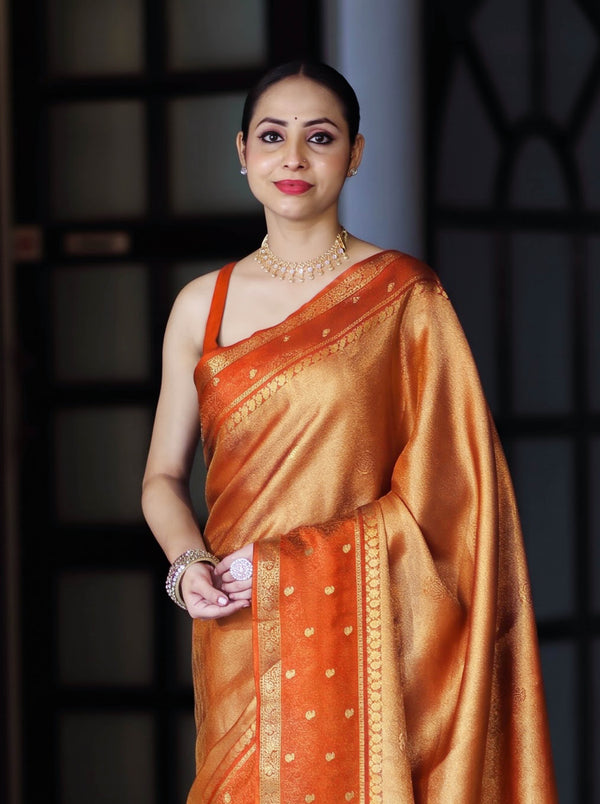 Banarasee Handloom Dual Tone Tissue Silk Saree With Zari & Resham Weaving-Orange