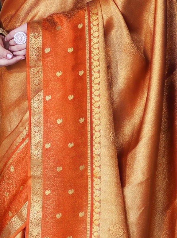 Banarasee Handloom Dual Tone Tissue Silk Saree With Zari & Resham Weaving-Orange