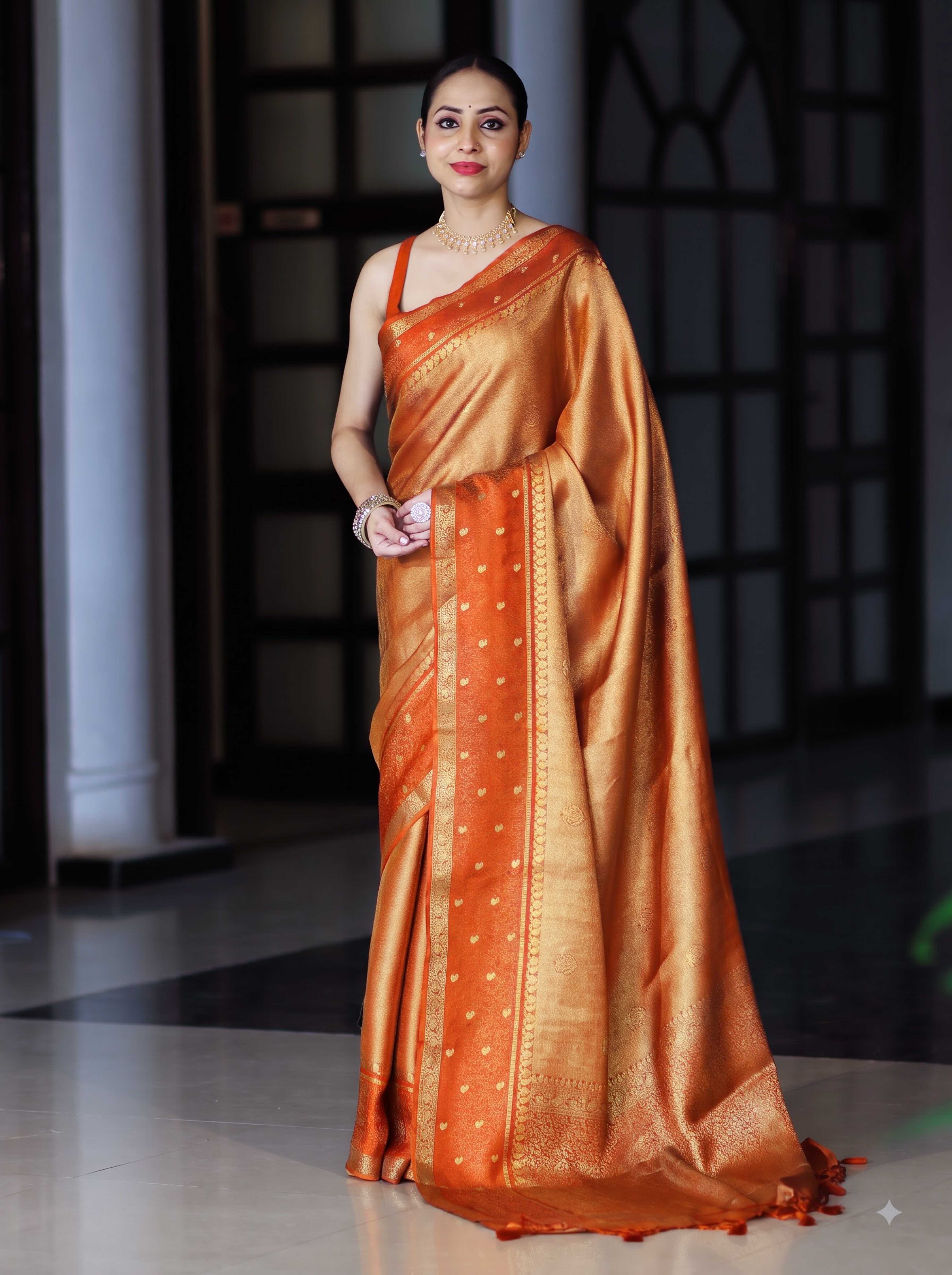 Banarasee Handloom Dual Tone Tissue Silk Saree With Zari & Resham Weaving-Orange