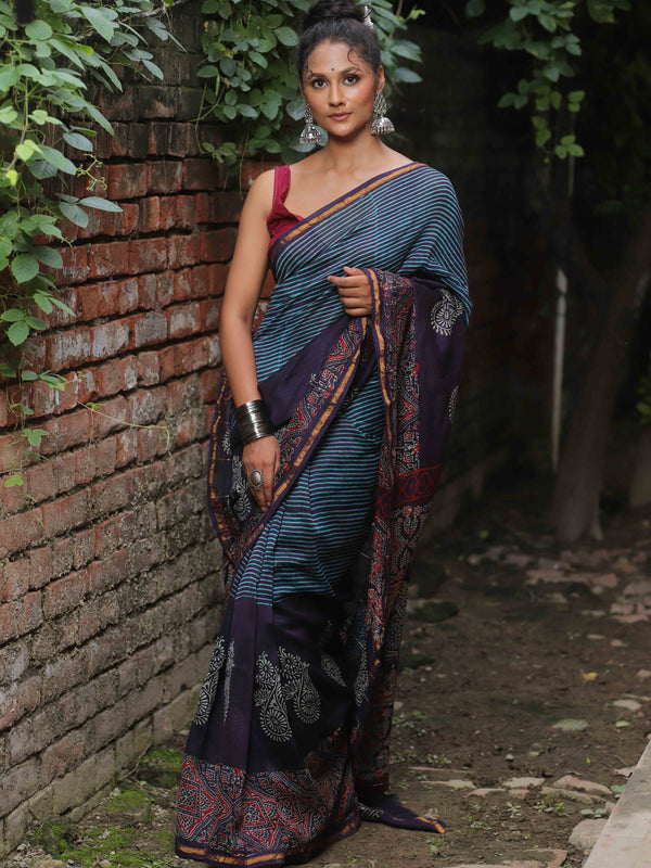Banarasee Handloom Chanderi Bagru Block Printed Saree-Blue