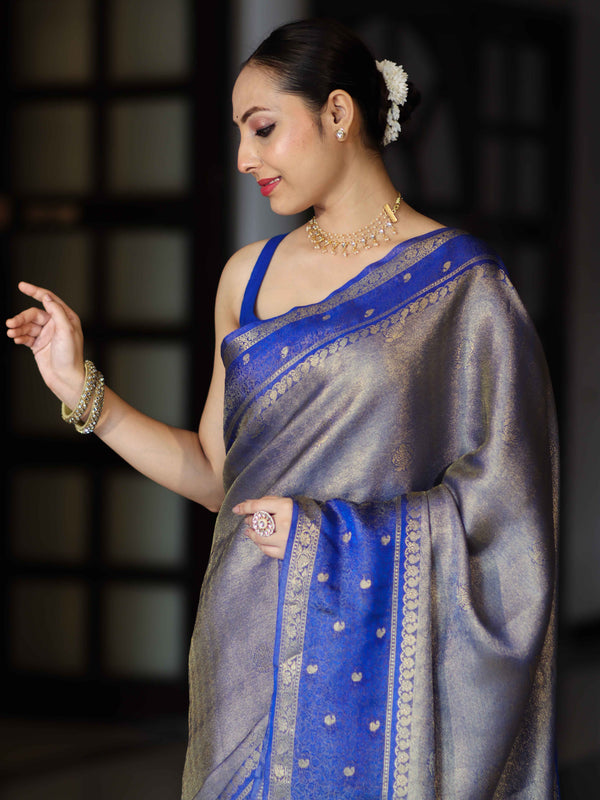 Banarasee Handloom Dual Tone Tissue Silk Saree With Zari & Resham Weaving-Blue (Gold Tone)