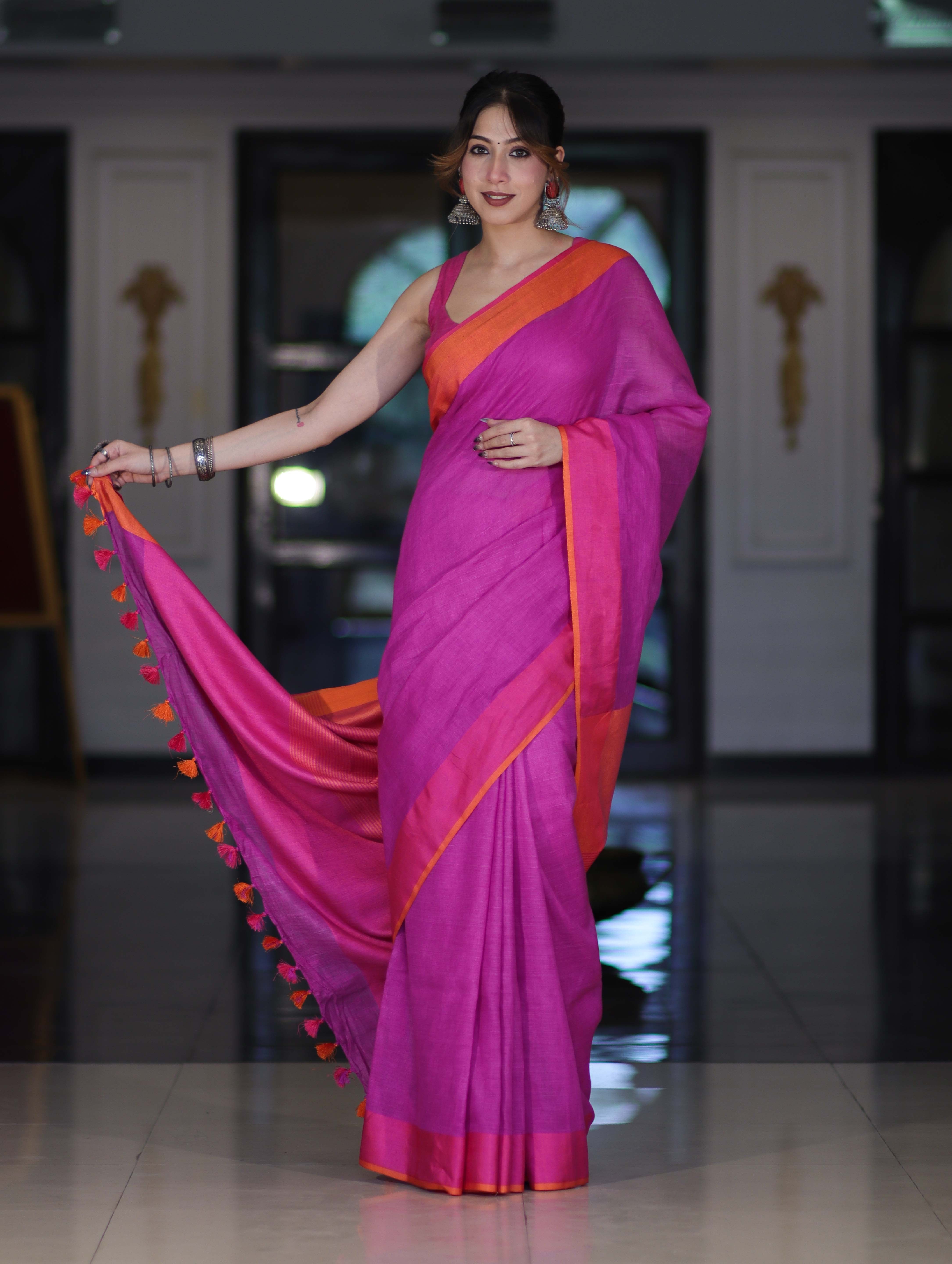 Bhagalpur Handloom Pure Linen Saree With Dual Tone Contrast Pallu-Magenta