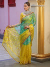 Banarasee Organza Saree With Gold Zari Jaal Design & Dual Color-Green & Yellow
