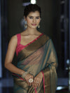 Banarasee Dual Shaded Linen Tissue Saree With Zari Border-Leaf Green