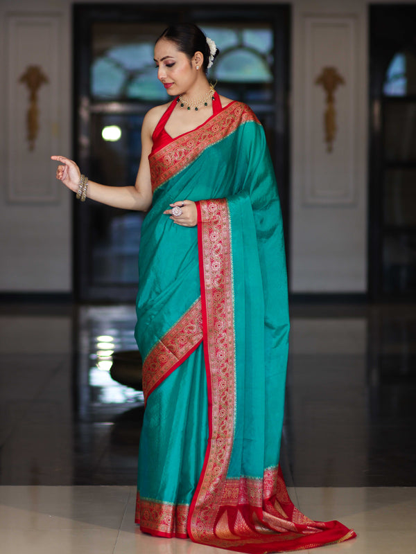 Banarasee Handloom Plain Semi Silk Saree With Resham Woven Contrast Border-Green & Red
