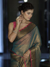 Banarasee Dual Shaded Linen Tissue Saree With Zari Border-Leaf Green
