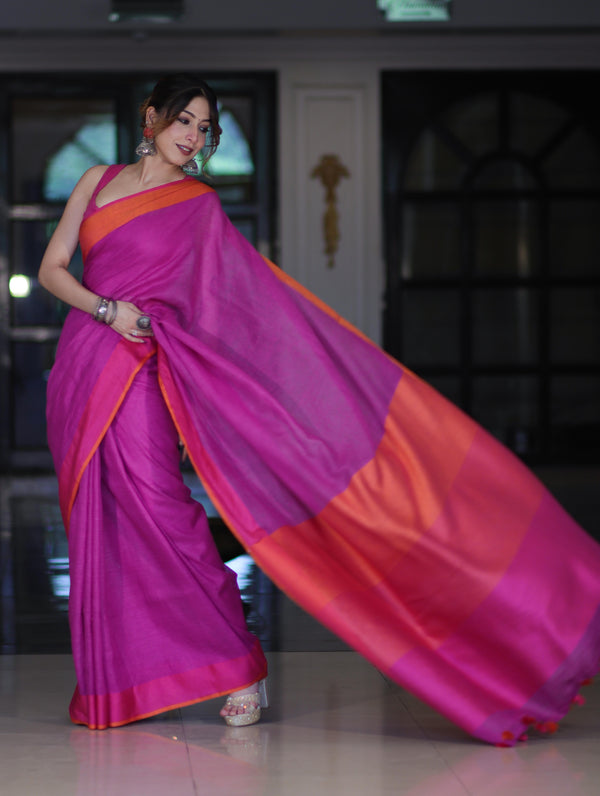 Bhagalpur Handloom Pure Linen Saree With Dual Tone Contrast Pallu-Magenta