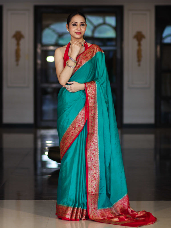 Banarasee Handloom Plain Semi Silk Saree With Resham Woven Contrast Border-Green & Red