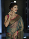 Banarasee Dual Shaded Linen Tissue Saree With Zari Border-Leaf Green