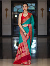 Banarasee Handloom Plain Semi Silk Saree With Resham Woven Contrast Border-Green & Red