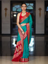 Banarasee Handloom Plain Semi Silk Saree With Resham Woven Contrast Border-Green & Red