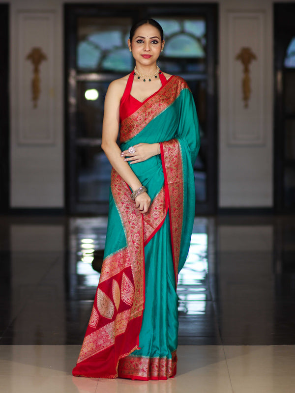 Banarasee Handloom Plain Semi Silk Saree With Resham Woven Contrast Border-Green & Red