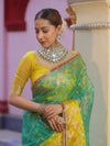 Banarasee Organza Saree With Gold Zari Jaal Design & Dual Color-Green & Yellow