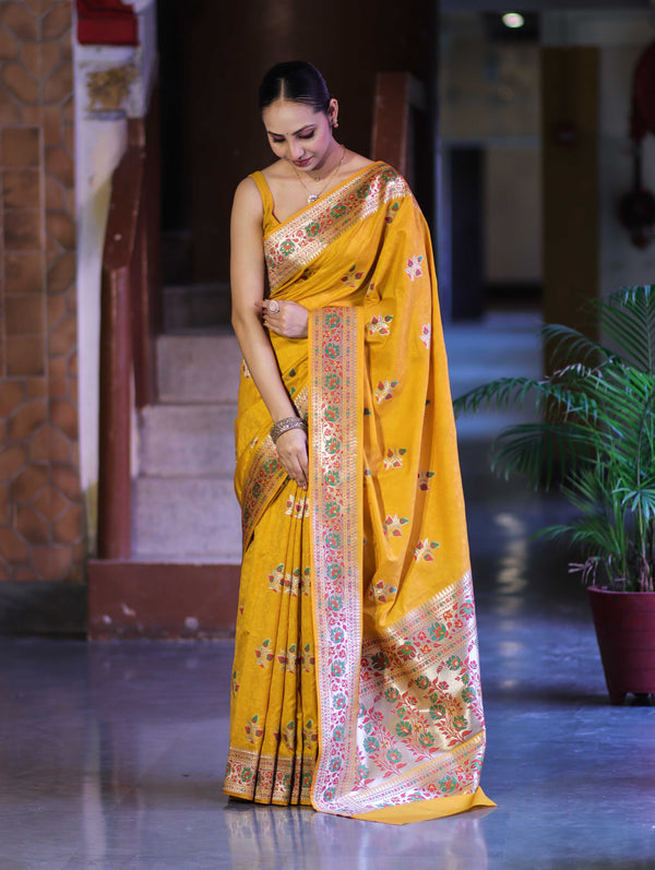 Banarasee Handloom Semi Katan Meena Work Saree-Yellow