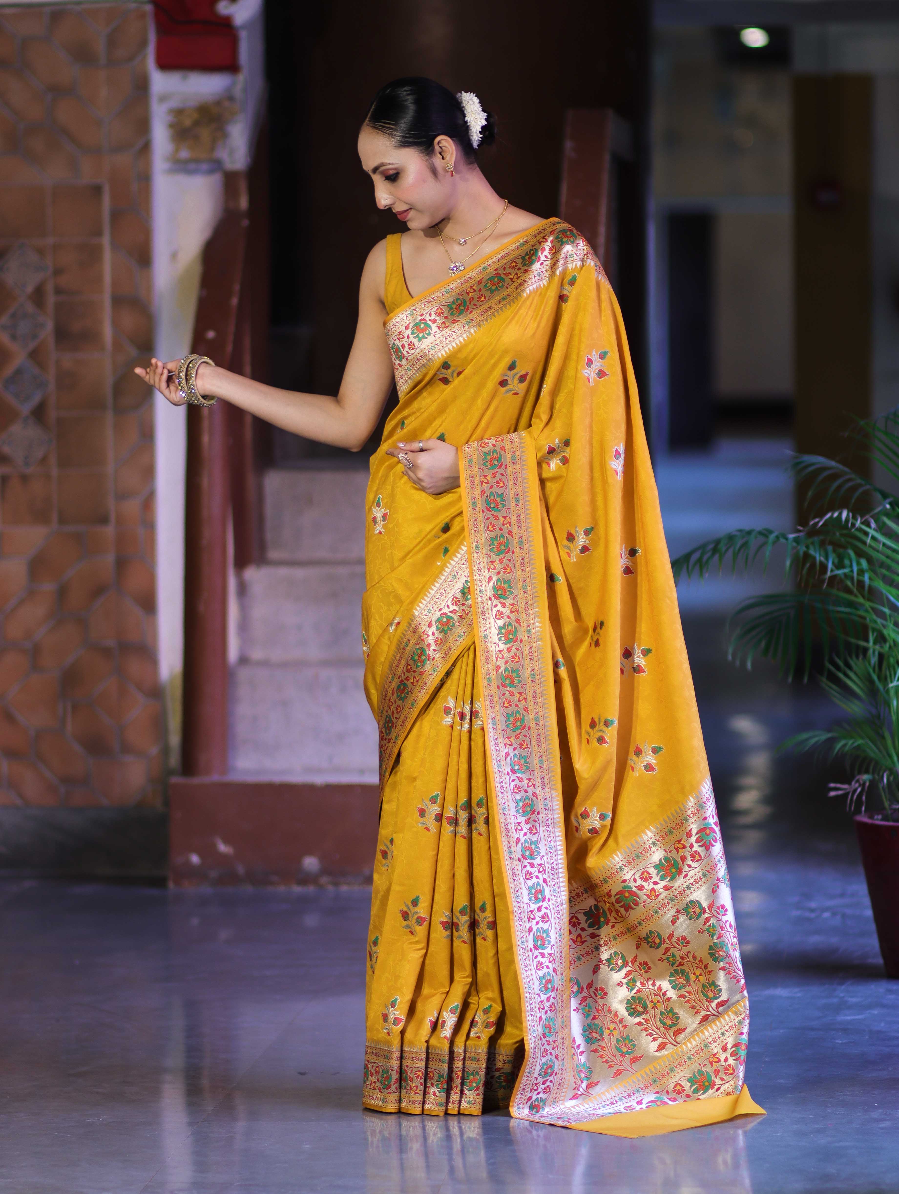 Banarasee Handloom Semi Katan Meena Work Saree-Yellow