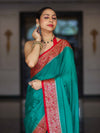 Banarasee Handloom Plain Semi Silk Saree With Resham Woven Contrast Border-Green & Red