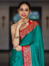 Banarasee Handloom Plain Semi Silk Saree With Resham Woven Contrast Border-Green & Red