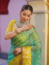 Banarasee Organza Saree With Gold Zari Jaal Design & Dual Color-Green & Yellow