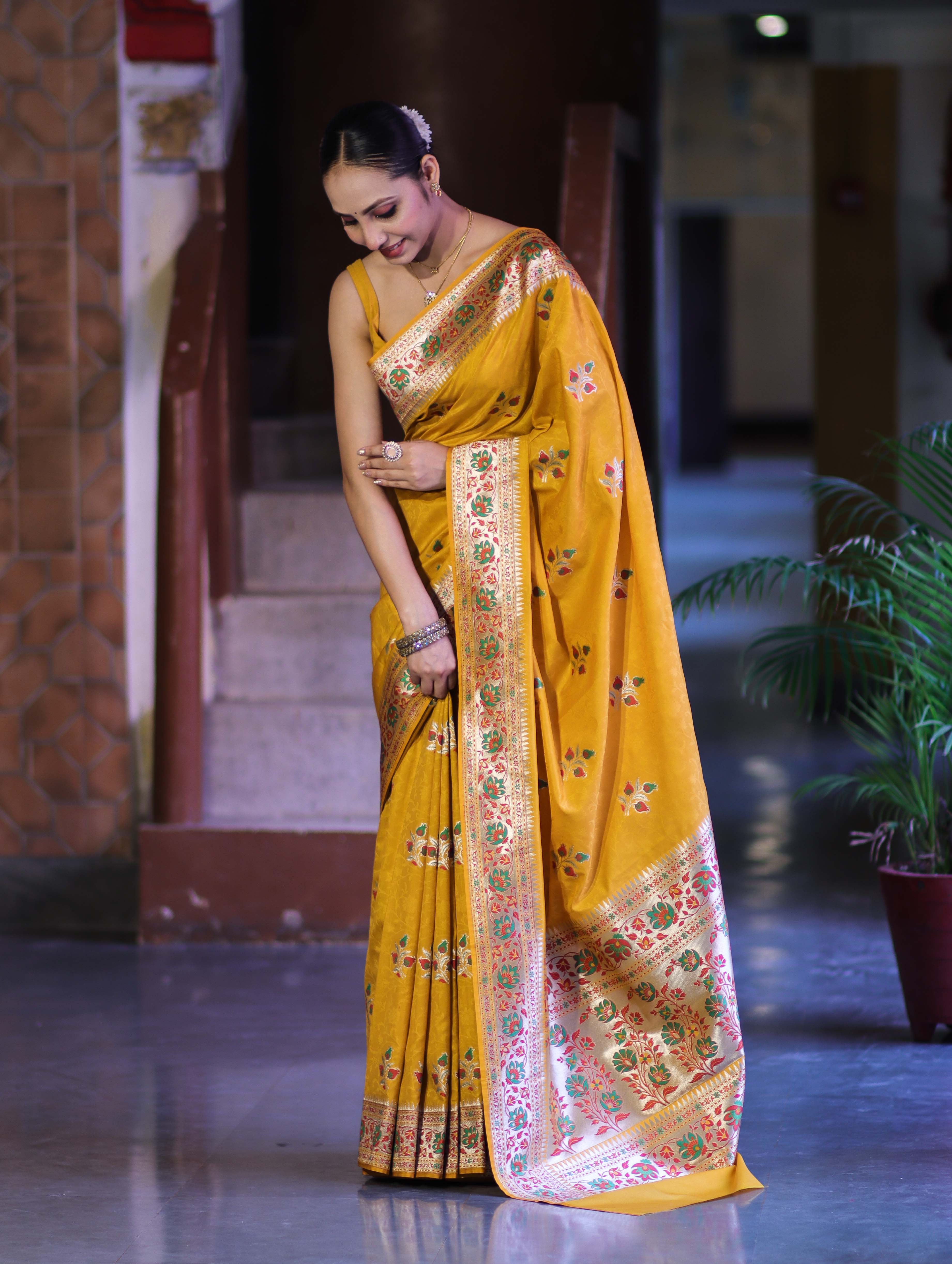Banarasee Handloom Semi Katan Meena Work Saree-Yellow
