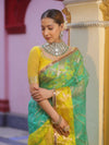 Banarasee Organza Saree With Gold Zari Jaal Design & Dual Color-Green & Yellow