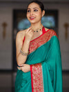 Banarasee Handloom Plain Semi Silk Saree With Resham Woven Contrast Border-Green & Red