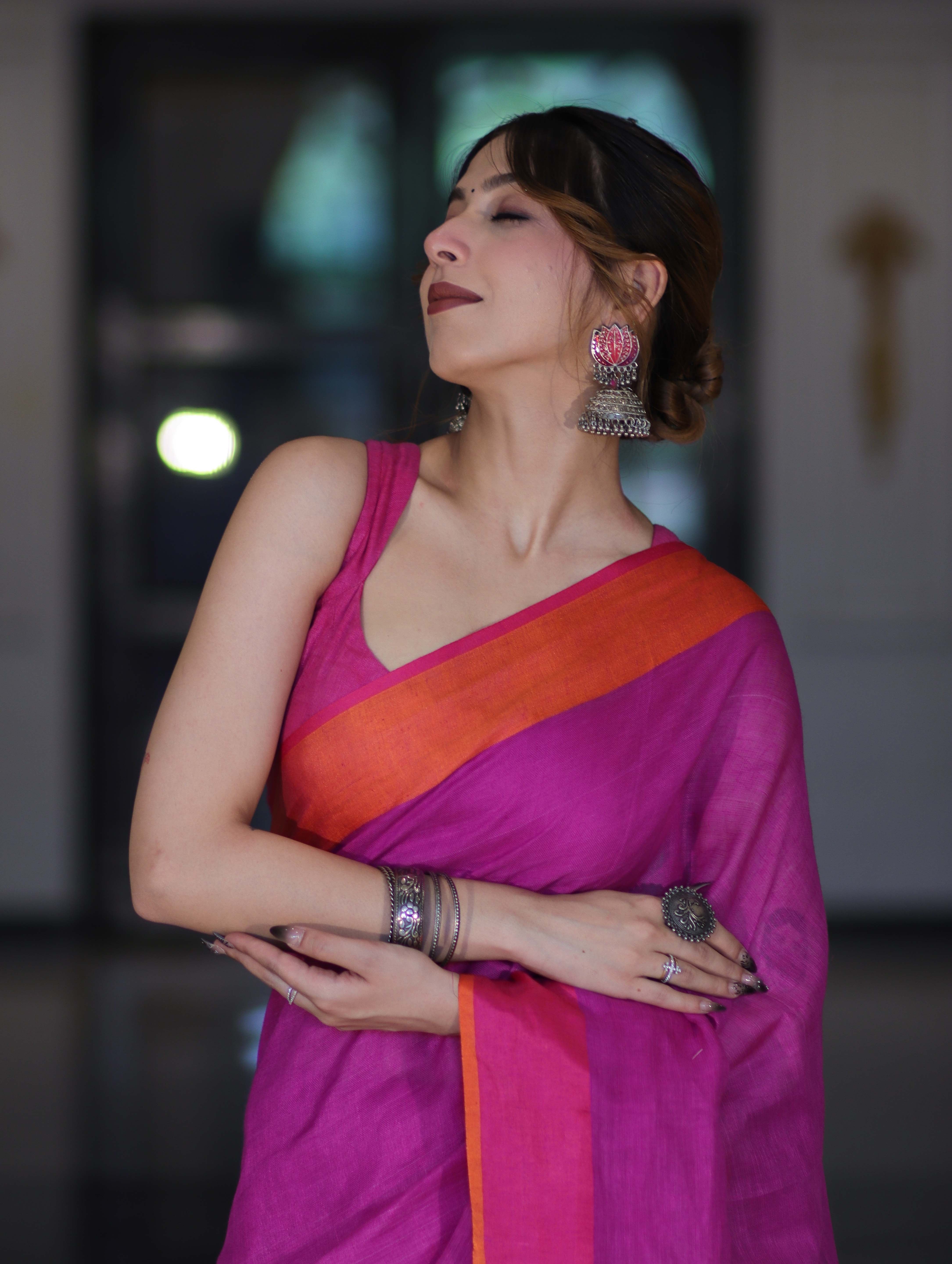 Bhagalpur Handloom Pure Linen Saree With Dual Tone Contrast Pallu-Magenta