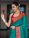 Banarasee Handloom Plain Semi Silk Saree With Resham Woven Contrast Border-Green & Red