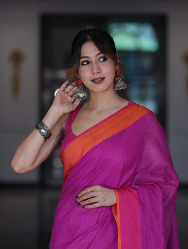 Bhagalpur Handloom Pure Linen Saree With Dual Tone Contrast Pallu-Magenta