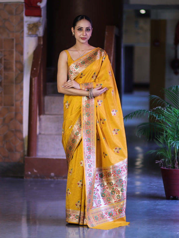 Banarasee Handloom Semi Katan Meena Work Saree-Yellow