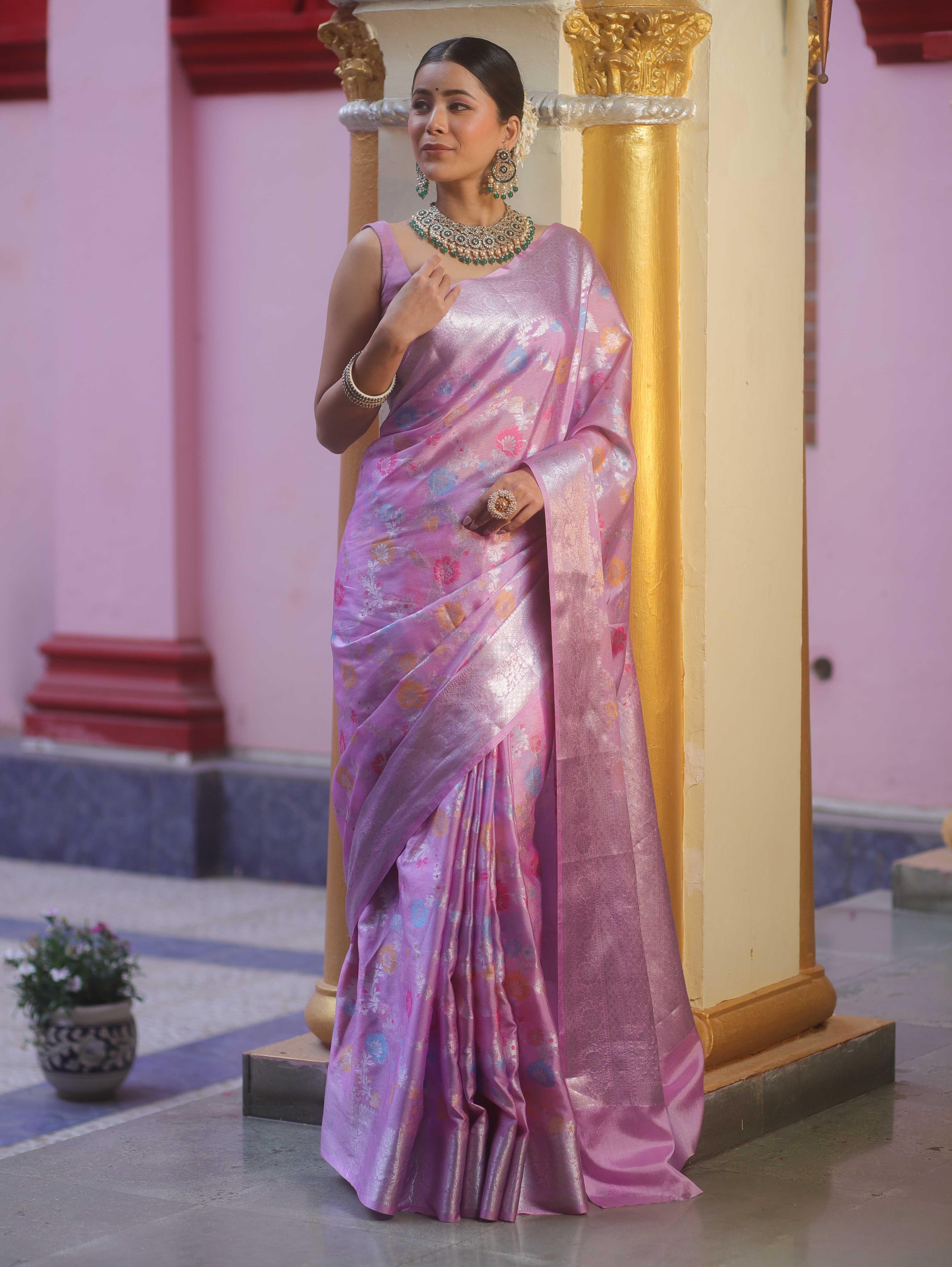 Banarasee Handwoven Semi Silk Saree With Silver Zari & Resham Jaal Design-Lavender