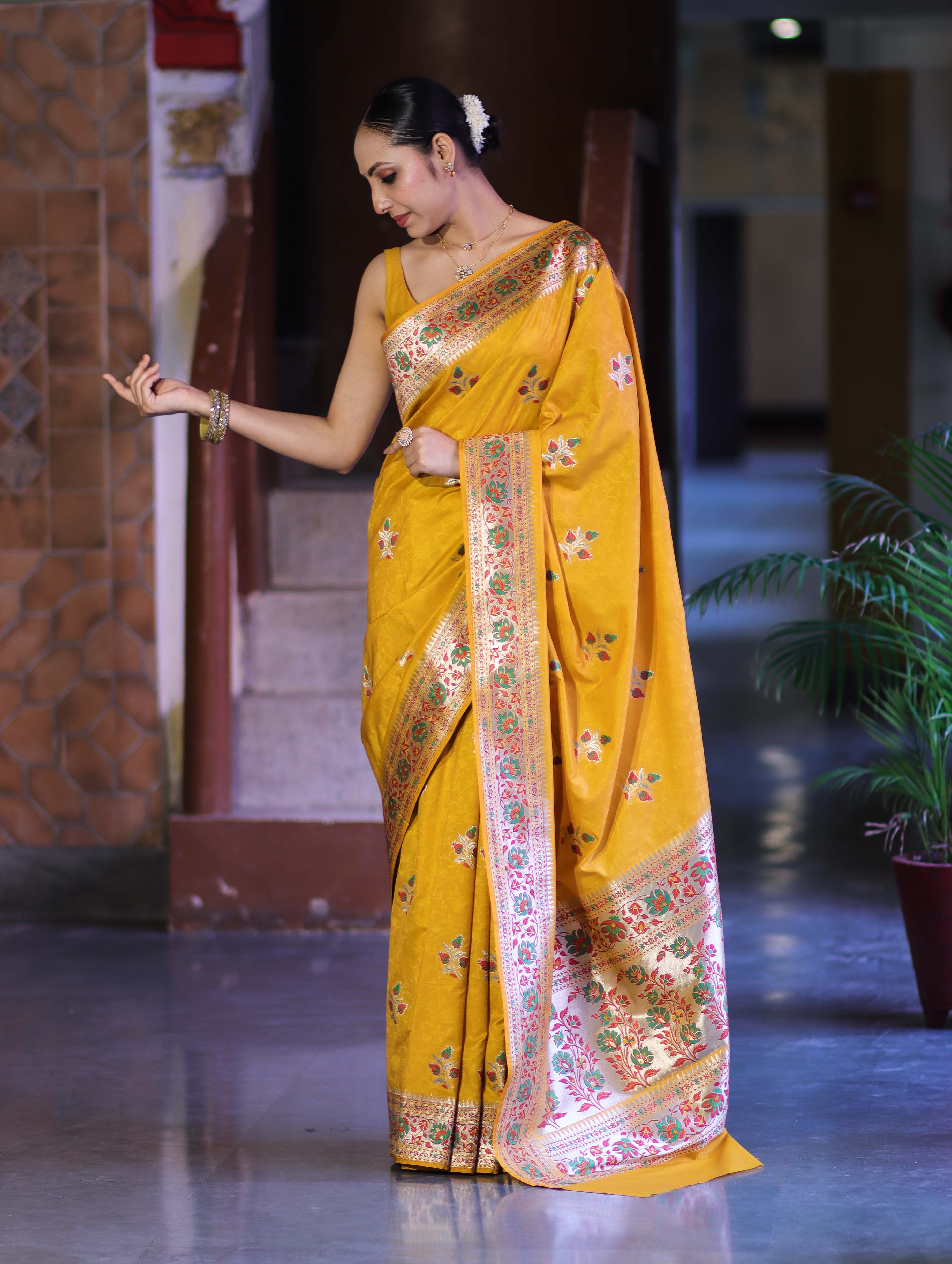 Banarasee Handloom Semi Katan Meena Work Saree-Yellow