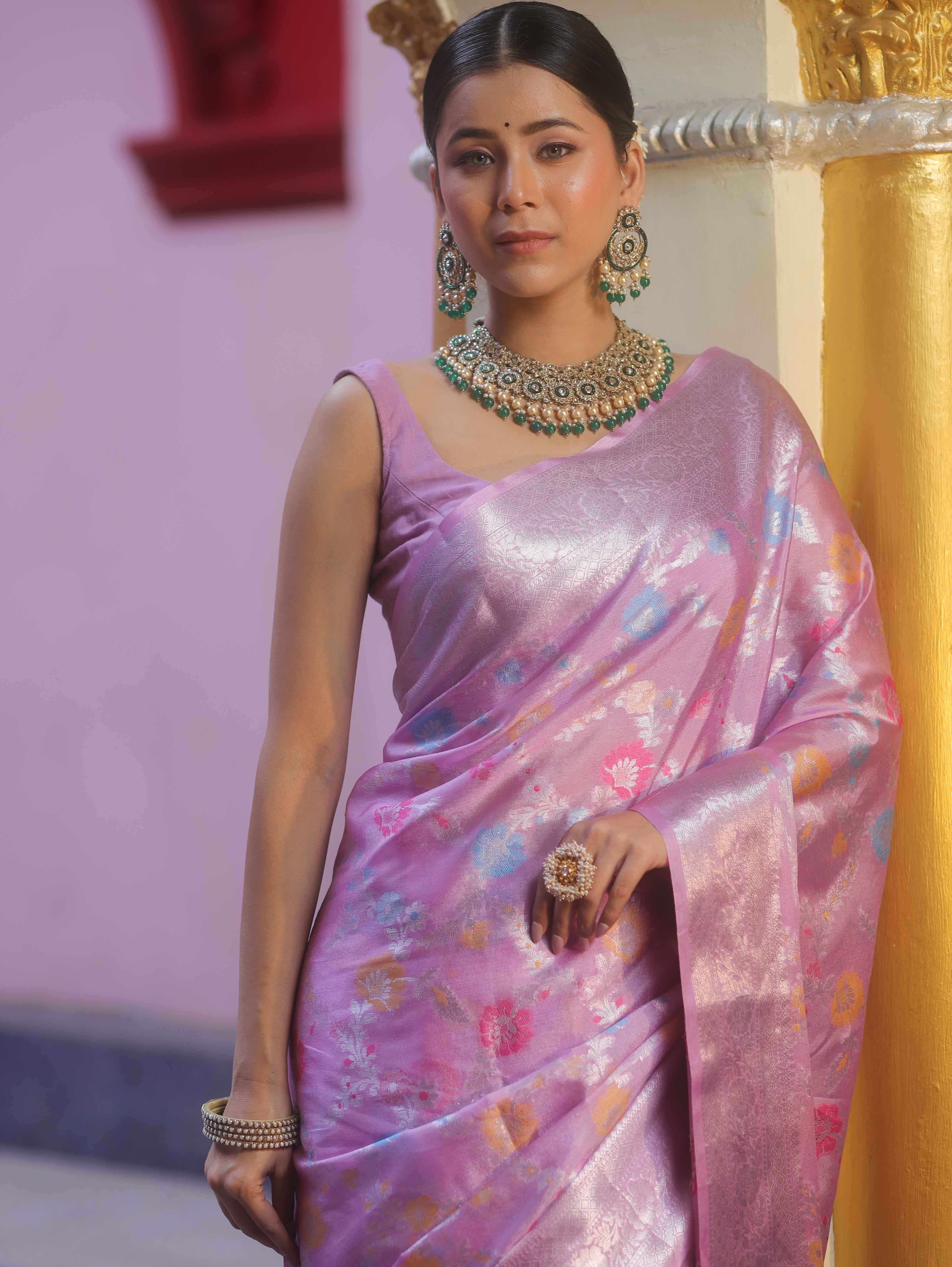 Banarasee Handwoven Semi Silk Saree With Silver Zari & Resham Jaal Design-Lavender