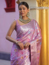 Banarasee Handwoven Semi Silk Saree With Silver Zari & Resham Jaal Design-Lavender