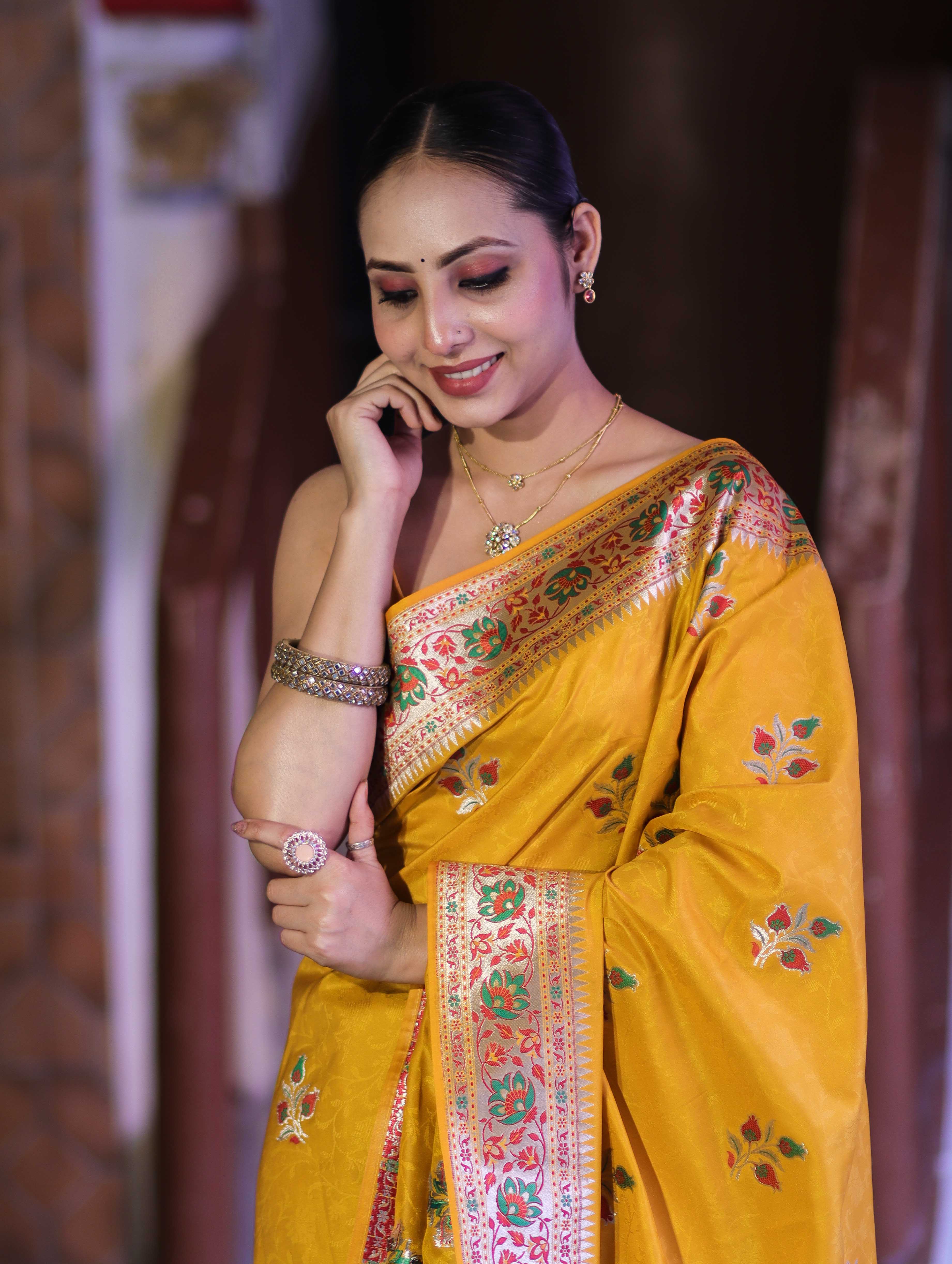 Banarasee Handloom Semi Katan Meena Work Saree-Yellow