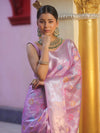 Banarasee Handwoven Semi Silk Saree With Silver Zari & Resham Jaal Design-Lavender